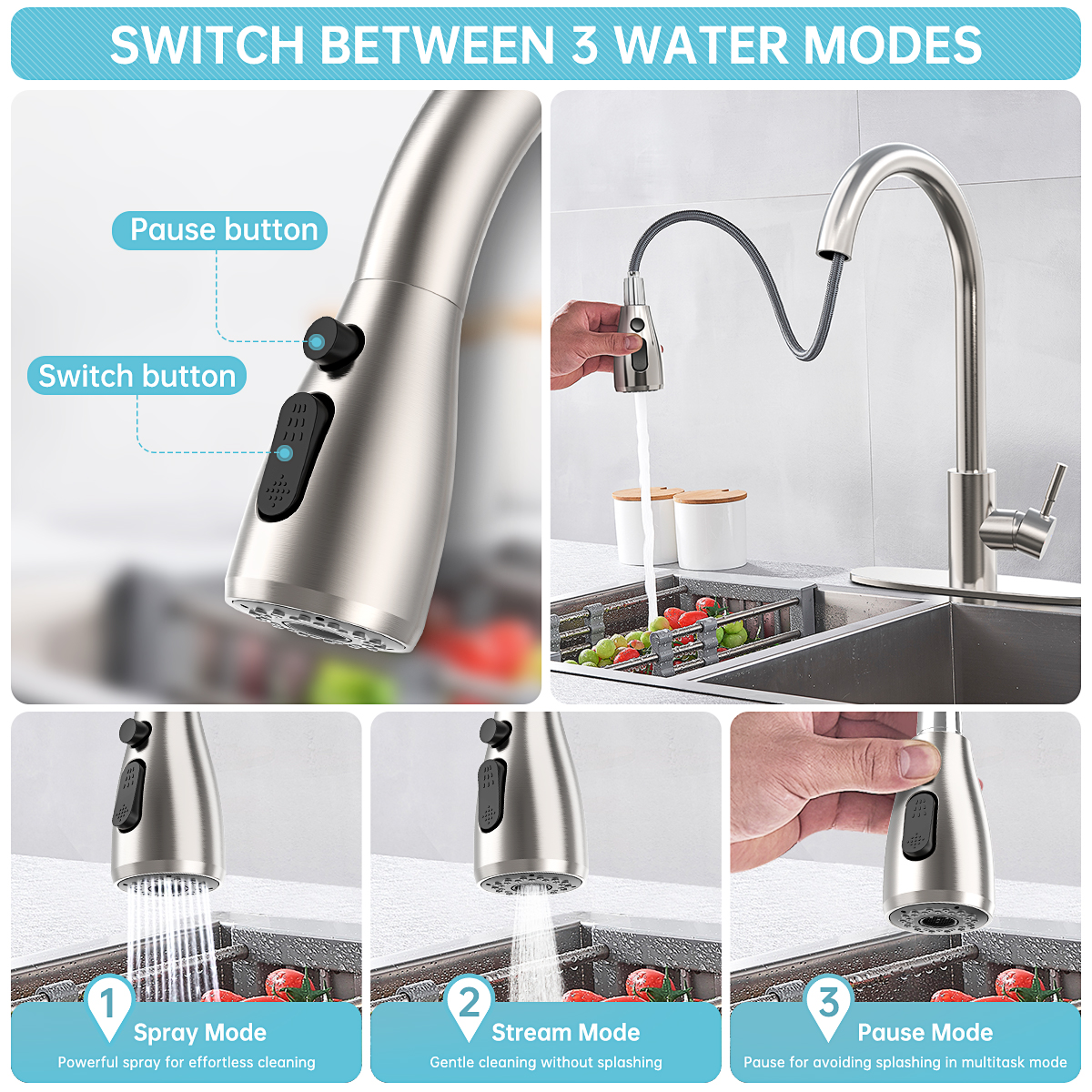 GPED Kitchen Faucet with Pull Down Sprayer, Stainless Steel photo 3