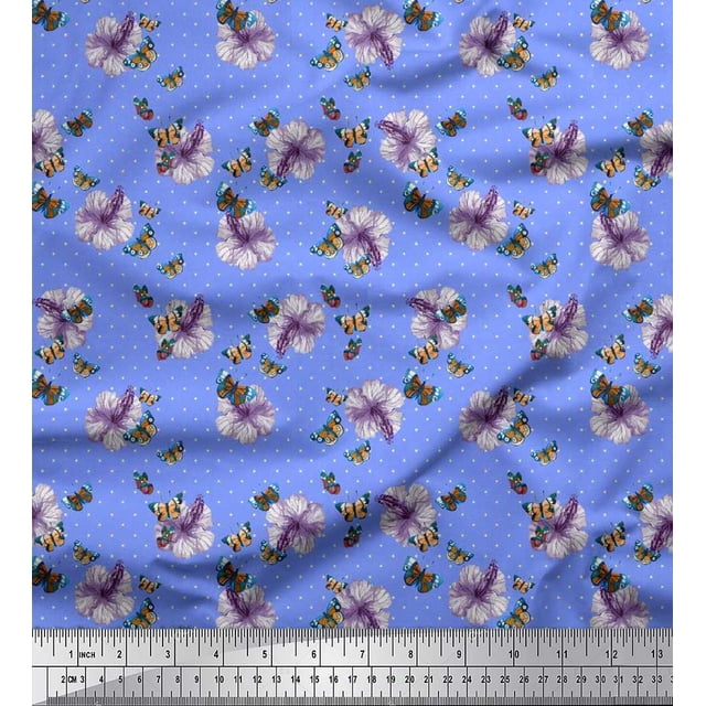 Soimoi Rayon Fabric Dot,Butterfly & Floral Decor Fabric Printed Yard 56 Inch Wide