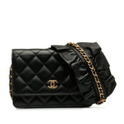 Pre-Owned Authenticated Chanel Lambskin Romance Wallet On Chain Leather Black Crossbody Bag Unisex (Good)