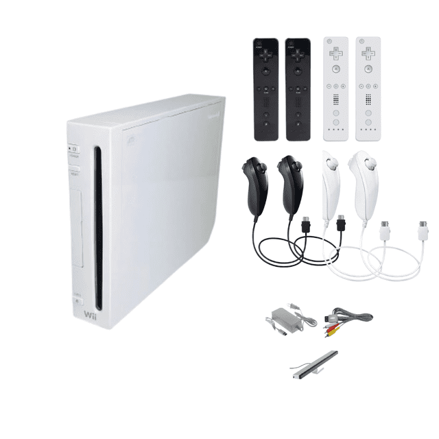 Nintendo Wii Console White with 4 White & Black RetroFam Remotes + Nunchucks - Multiplayer Motion Gaming System (Refurbished)