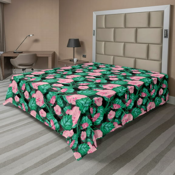 Ambesonne Tropical Flat Sheet, Arrangement of Foliage, California King, Pale Pink and Sea Green