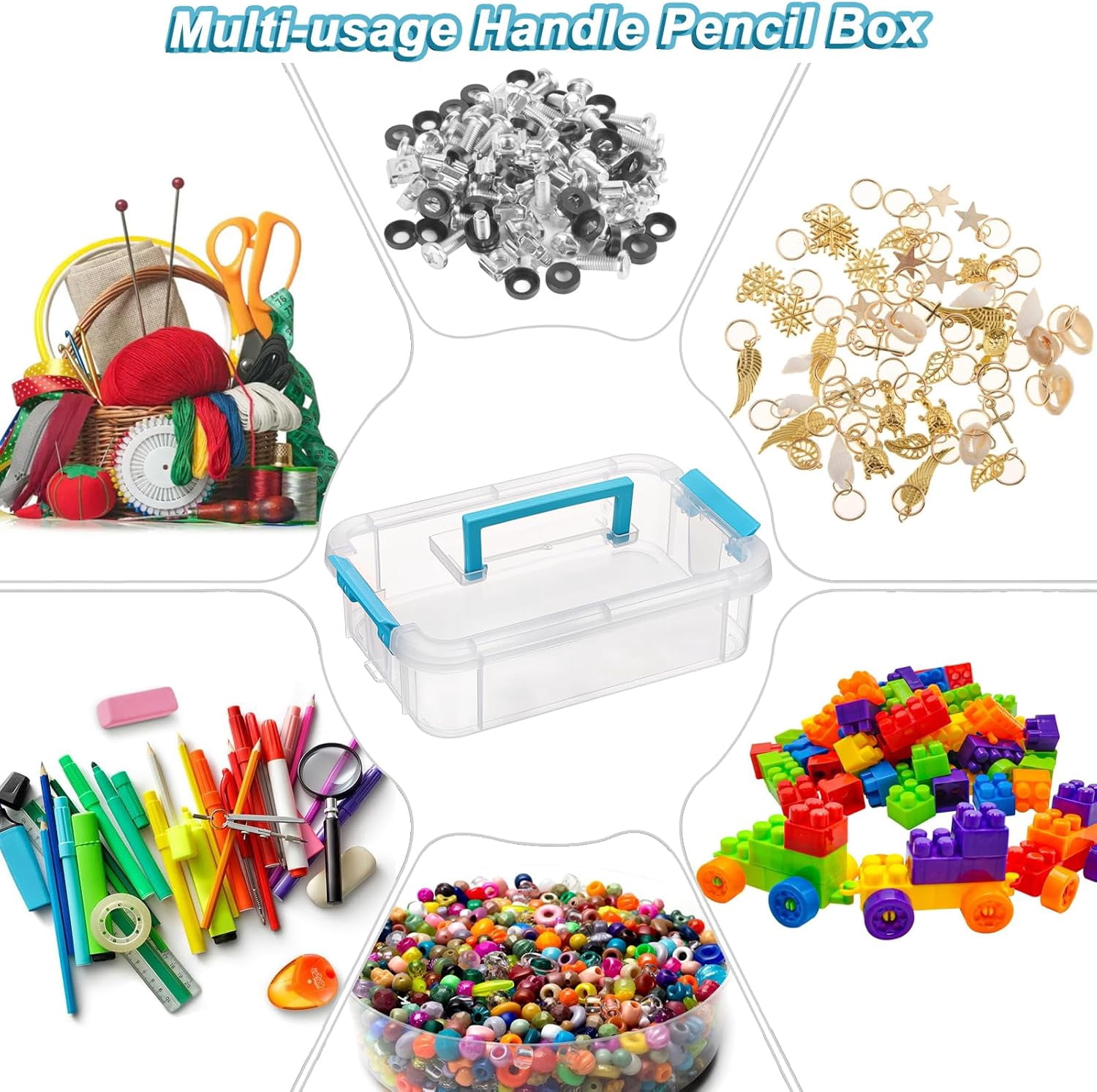 Clear Plastic Storage Box, Portable Organizer Container with Blue Handle, Stackable Storage Bin for Office Home, Multi-Use Container Box with Lid for Stationery Jewelry Craft Sewing Supplies
