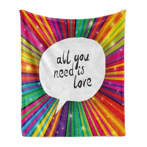 Colorful Soft Flannel Fleece Throw Blanket, Vintage All You Need is Love Inspirational Speech Bubble Hippie Retro Poster Print, Cozy Plush for Indoor and Outdoor Use, 60" x 80", White, by Ambesonne