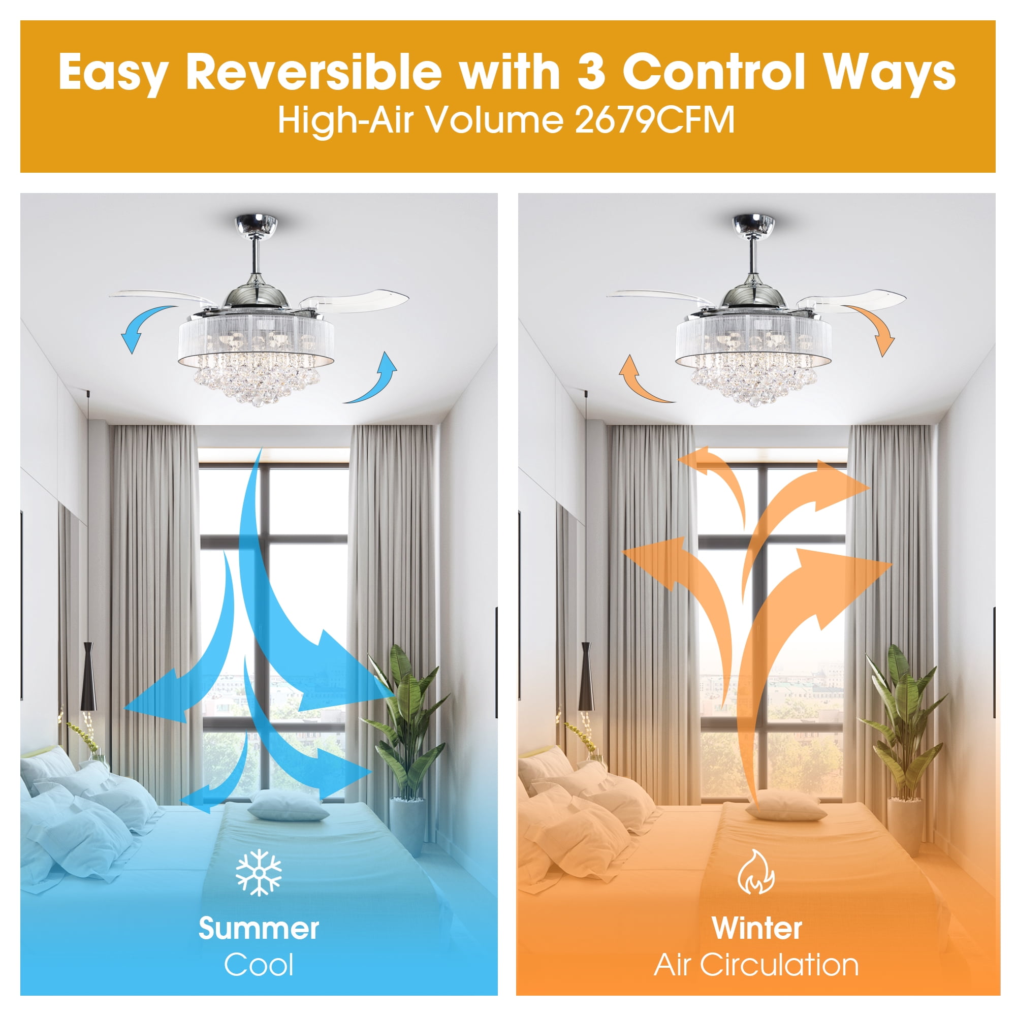 Parrot Uncle Smart Ceiling Fan with Light 42 inch  Modern Crystal Chandelier Ceiling Fan with LED Light, Compatible with Alexa