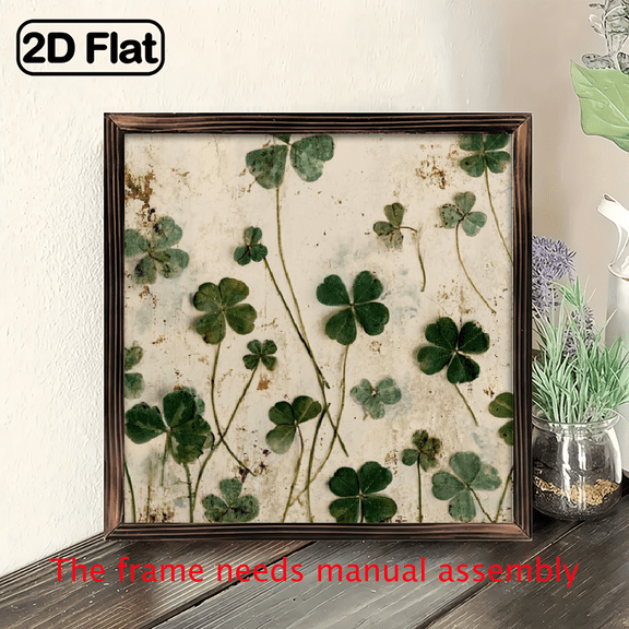 2D Flat, 1pc 1pcs Vintage Four-Leaf Clover Wall Art Framed - Botanical Sign Suitable for Farmhouse, Rustic Wood Decor, WoodFrame, Wall-Mountable Decorative Sign for Luck, 8x8 Inch