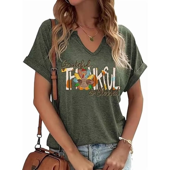 Beopjesk Womens Short Sleeve V Neck Halloween Shirts Thanksgiving Fall Graphic Tees