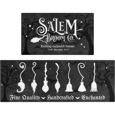 

Halloween Kitchen Mat Set of 2 Black Happy Halloween Witch Broom Floor Mats and Rugs Non Skid Washable for Kitchen Home Decor Halloween Decorations and Accessories (17 x47 +17 x30 )
