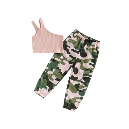 

Suanret Kids Little Girls 2Pcs Summer Outfits One Shoulder Ribbed Tank Tops Cargo Pants Clothes Sets Pink 3-4 Years