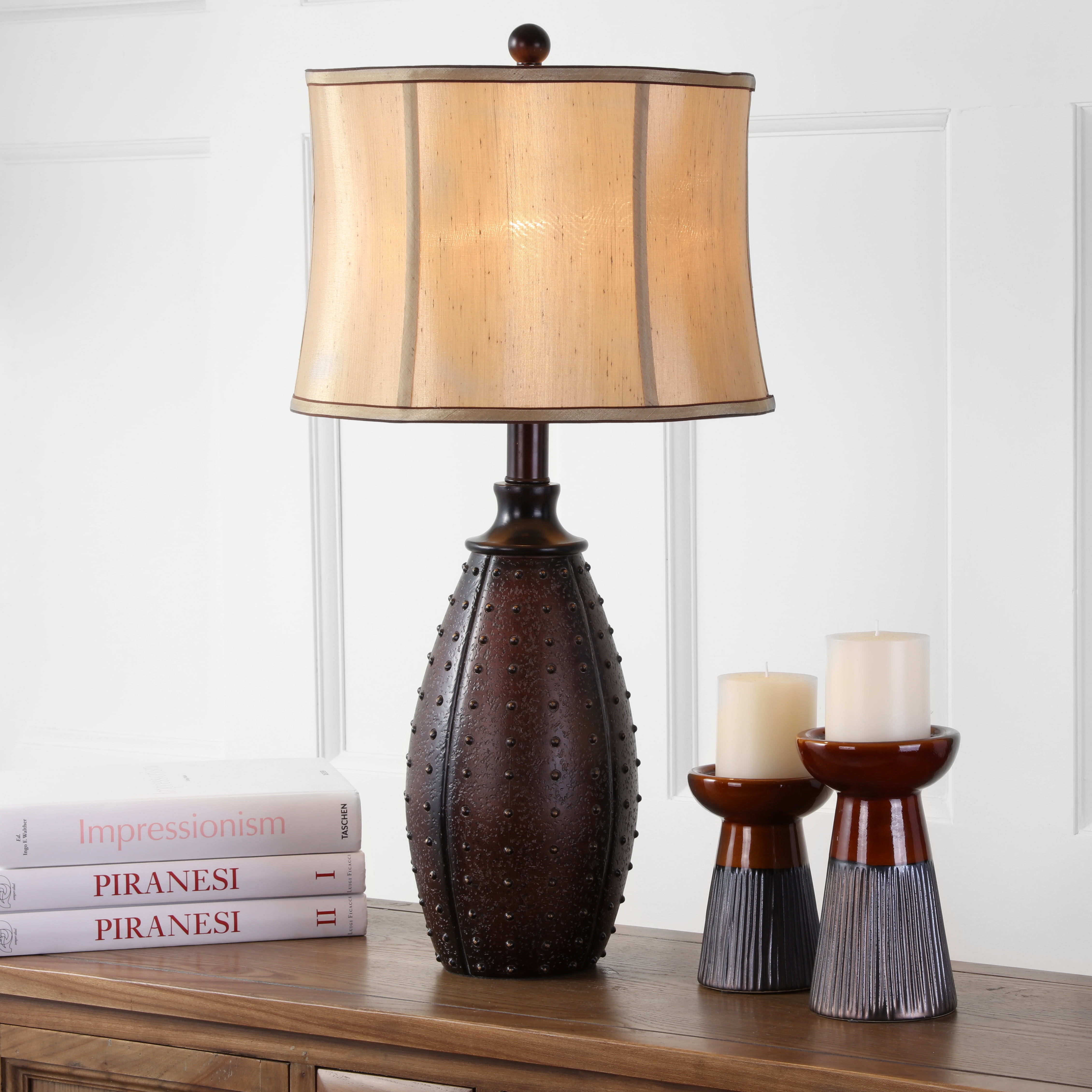 SAFAVIEH Santa 28 in. Brown Resin Table Lamp with Beige Polyester Shade, Set of 2