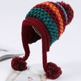 thumbnail image 1 of Gorro peruano de invierno para mujer con orejeras, gorro de esquí y nieve de sherpa con forro polar y 3 pompones (rojo vino), 1 of 5