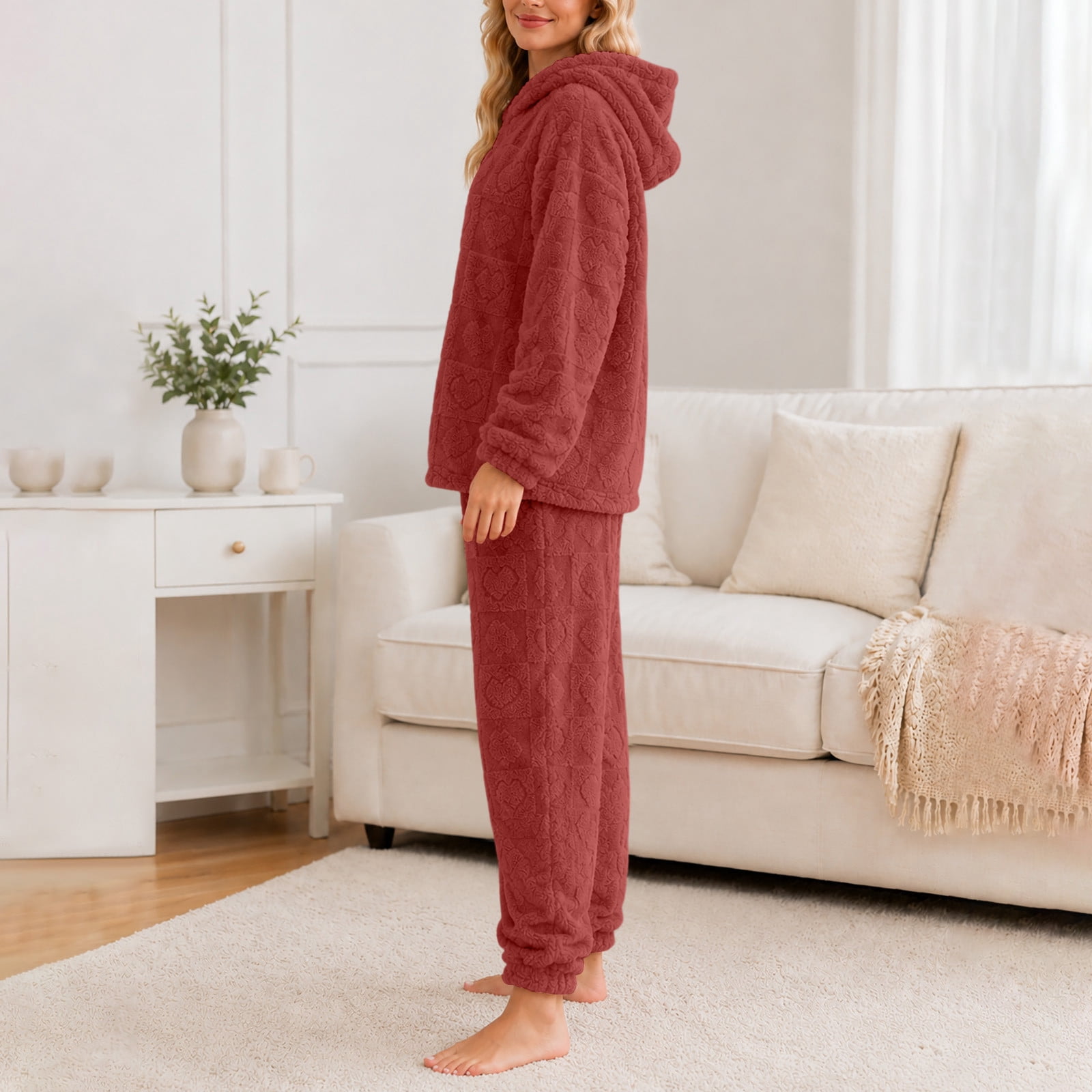 Viluyesy Womens Fleece Pajama Set 2 Piece Embossed Heart Plush Loungewear Long Sleeve Hoodie Drawstring Jogger Pants Warm Cozy Sleep Pjs Wine Free Size