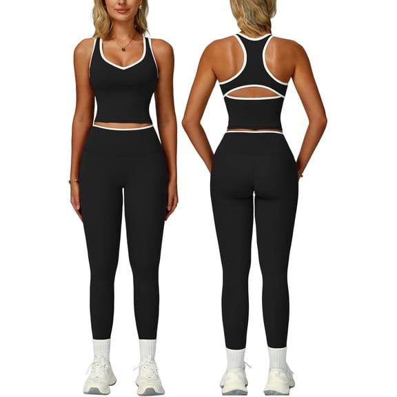 PISONIC Womens Workout Set Two Piece Racerback Color Block Tank Tops Matching High Waist Leggings Gym Work Out Outfits