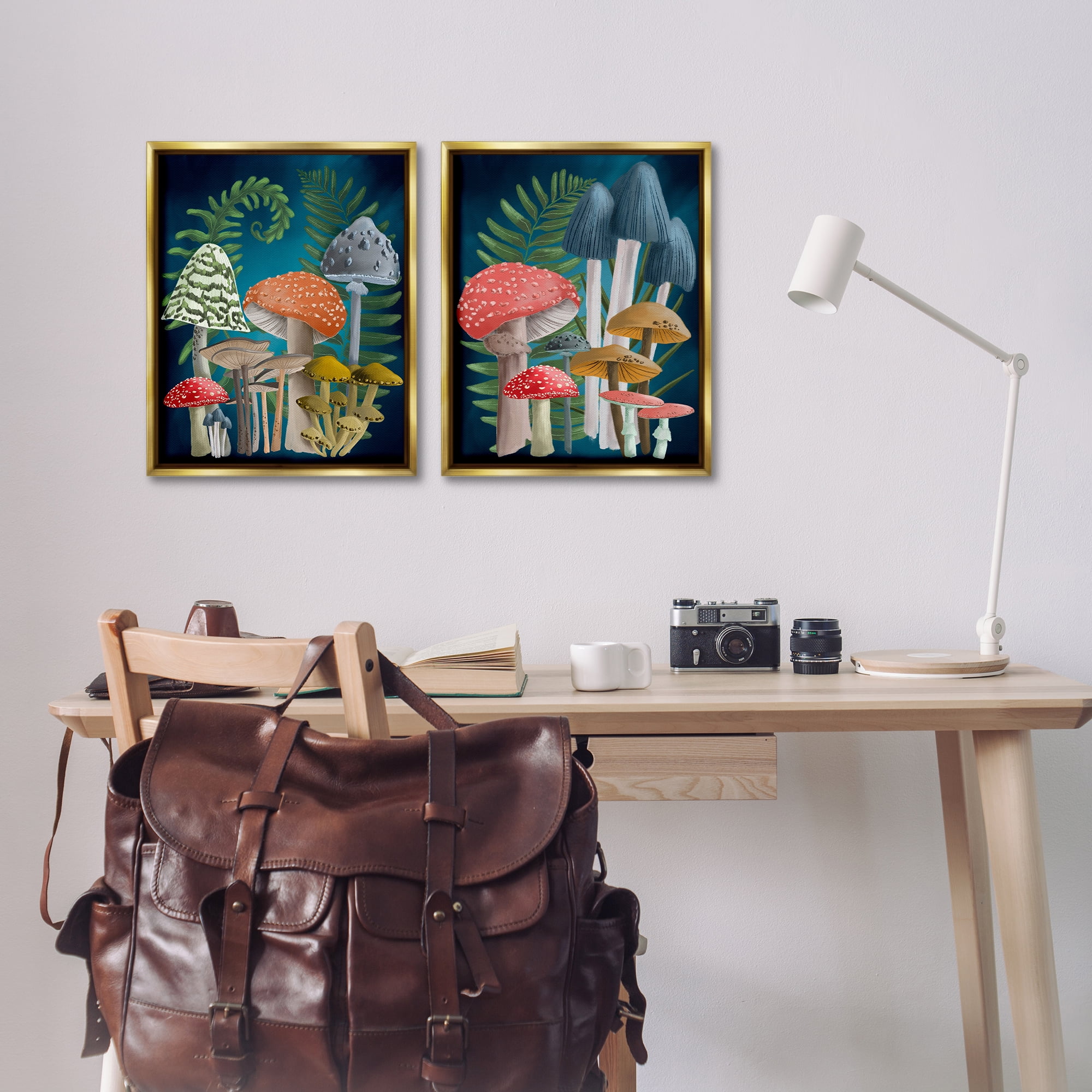 Stupell Industries Mushroom Varieties Forest Ferns Plants & Flowers Painting Gold Floater Framed Canvas Art Print Wall Art, 17 x 21, Set of 2