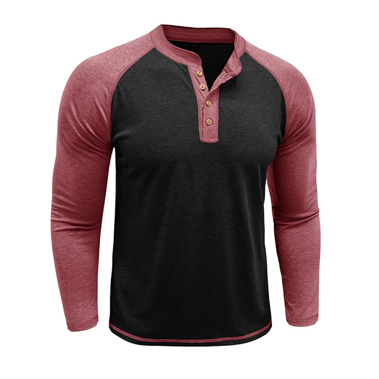 Feancey Cotton Henley Shirts for Men Raglan Long Sleeve Button Up Tshirt Color Block Fashion Baseball T-Shirts Slim Fit Casual Gym Muscle Tees Red M