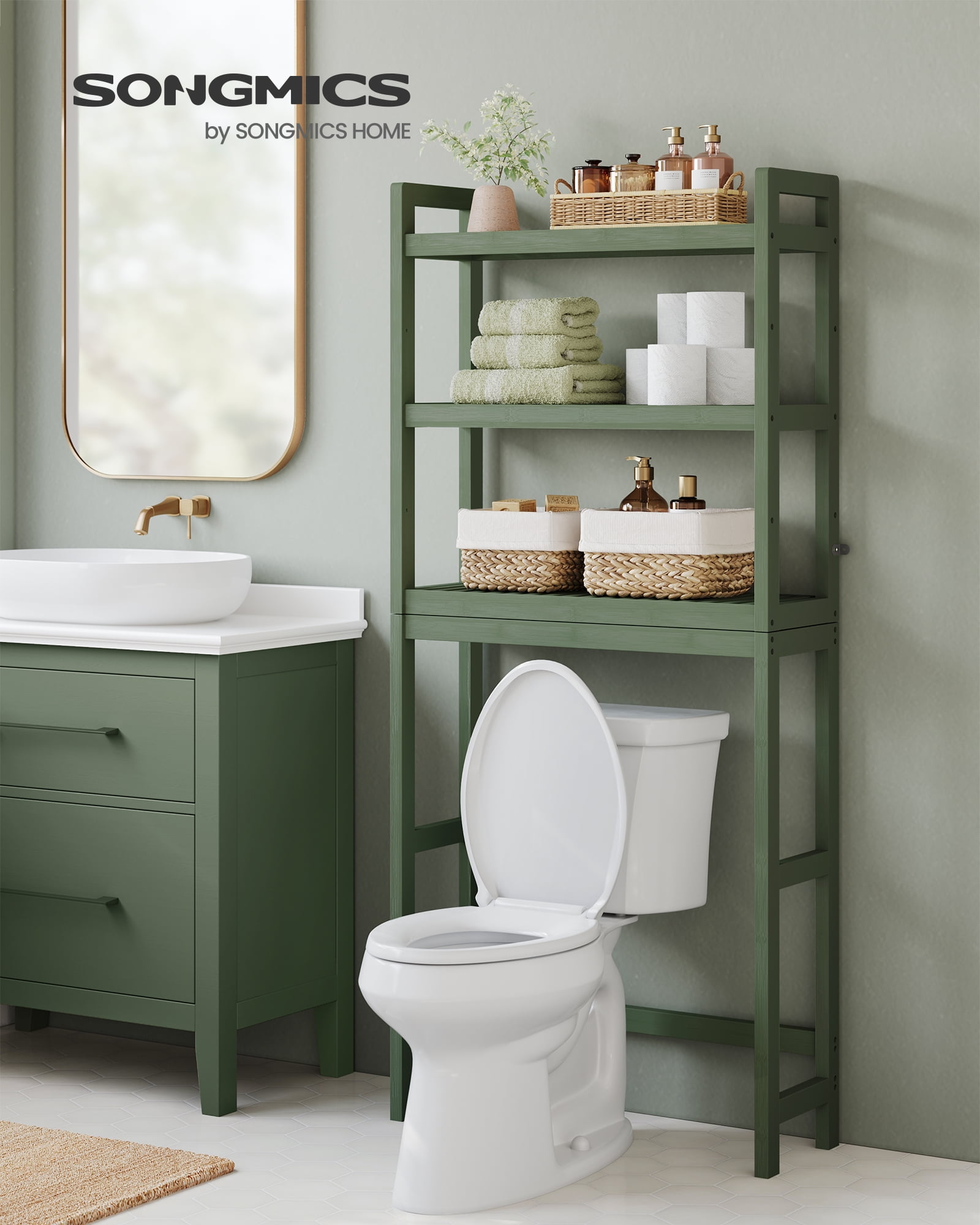 3-Tier Over The Toilet Storage Bamboo Over Toilet Shelf Bathroom Storage Organizer with Adjustable Shelf, Forest Green