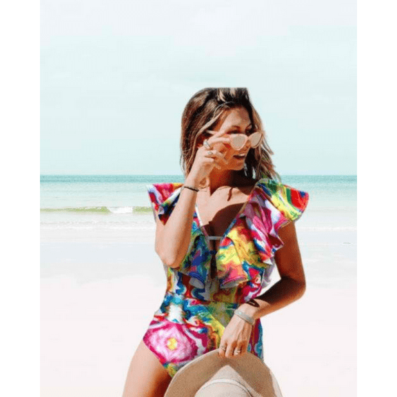 Meloria Swim and Fashion Stylish Ruffle Shoulder Backless Rainbow Swimwear, Tie Dye Multi Color Print Swimsuit