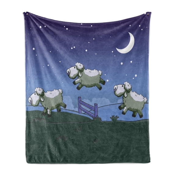 Cartoon Soft Flannel Fleece Throw Blanket, Counting Sheep to Sleep Fluffy Farm Animals over the Fence, Cozy Plush for Indoor and Outdoor Use, 50" x 60", Dark Indigo Hunter Green, by Ambesonne