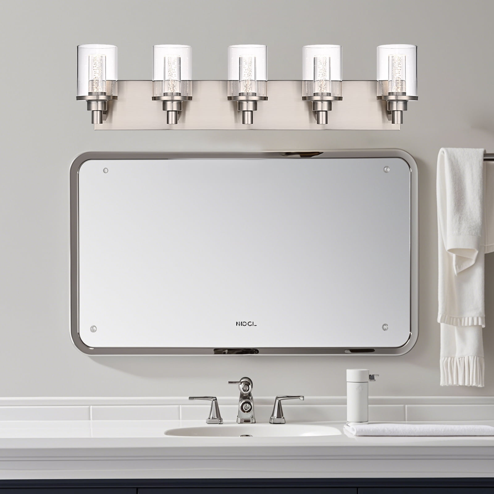 Melucee 5CCT Dimmable LED Brushed Nickel Vanity Lights 5-light, Modern Vanity Lighting Fixtures with Crystal Light Columns and Clear Glass for Bathroom Bedroom