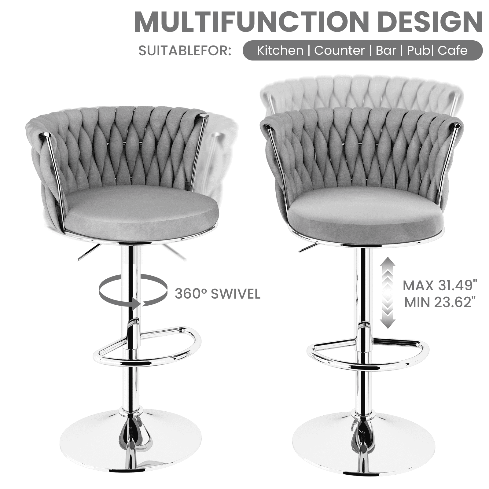 Mieres Velvet Bar Stools Set of 2, Adjustable Height Swivel Pub Chairs with Woven Back, Counter Height Dining Chairs with Footrest, 360° Rotating Kitchen Island Stools for Home & Bar, Gray