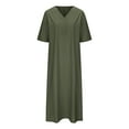 thumbnail image 4 of Summer Saving Wycnly Dresses for Women Beach Casual Loose Comfy Cotton Linen Long Sundress 3/4 Sleeve V-Neck Solid Summer Maxi Formal Dress Army Green m, 4 of 6