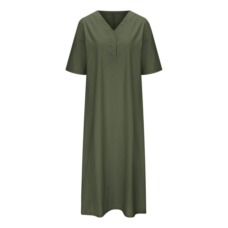 Womens Casual Tunic Solid Long Sleeve Maxi Dress V Neck Cotton Linen Loose  Dress