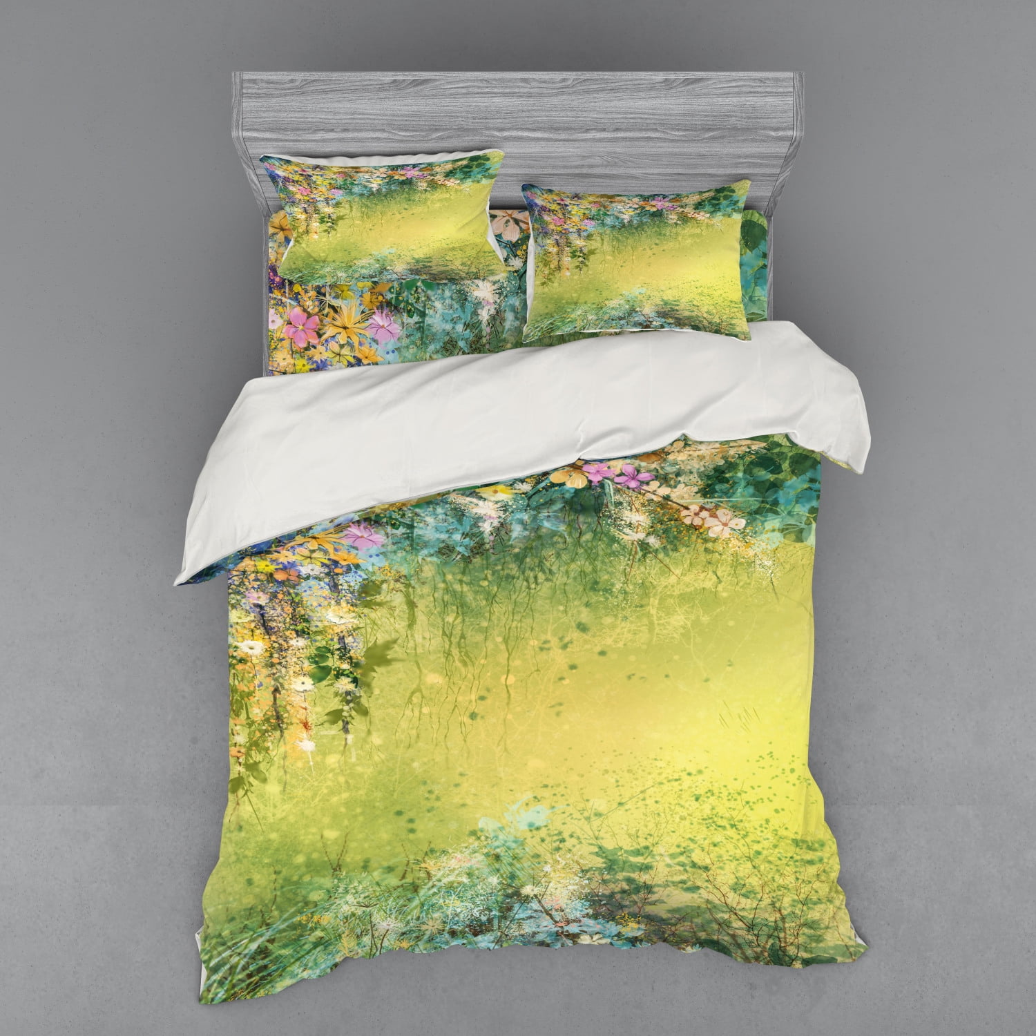 Flower Duvet Cover Set, Spring Foliage with Leaves Hand Drawn Aesthetic