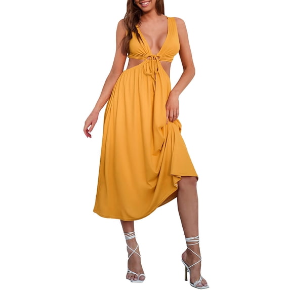 Women's Sexy Solid Color Cut Out Waist Sleeveless V Neck Midi Tank Dress Long Sleeve Dress Women Casual