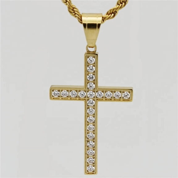 Hip Hop Iced Out CZ Cross Pendant & Chains 14K Yellow Gold Bling Cross Necklace for Men and Women Jewelry