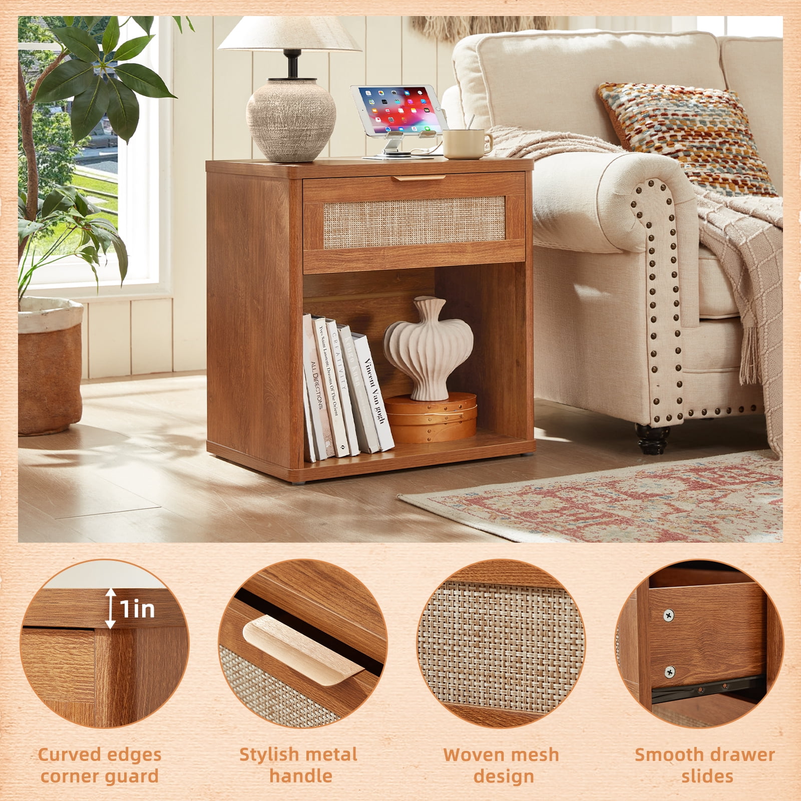 LELELINKY 2pc Rattan Nightstand with Charging Station, 23" Wide Boho Bedside Table with Drawer and Shelf for Bedroom, Living Room, Tea Color