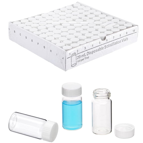 FOUR E's Scientific 20ml Scintillation Vial, 100Pcs Liquid Scintillation Counting Vials, Borosilicate Glass Vials with 22-400 Urea Screw Cap Attached and Cone Shaped Liner