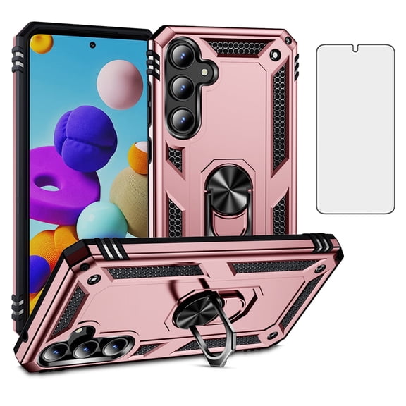 Asuwish Compatible with Samsung Galaxy A35 5G Phone Case Tempered Glass Screen Protector Slim Magnetic Ring Holder Stand Hybrid Protective Cell Cover for A 35 35A A355G Women Men Pink