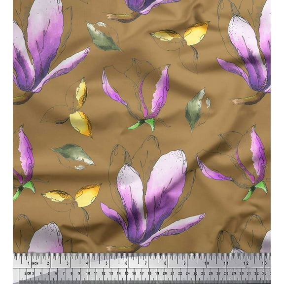 Soimoi Brown Cotton Duck Fabric Leaves & Magnolia Floral Decor Fabric Printed Yard 42 Inch Wide