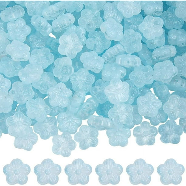 1 caja de 150 cuentas de vidrio con diseño floral, cuentas de flores de Murano, espaciadores de hibisco de 5 pétalos, color azul cielo claro y transparente