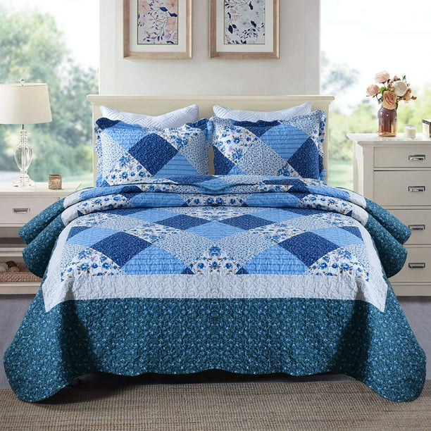 Honeilife California King Quilt 120X120-3 Piezas De Colchas De Gran Tamaño King Juegos De Edredón Extra Grandes Para Todo El Año, Juegos De Cama Rústicos, Colcha Reversible De Microfibra, Color Azul