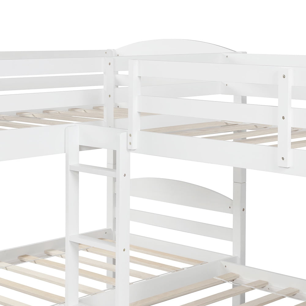 Private Jungle Twin Bunk Beds with Trundle, Solid Wood L-Shaped Loft Bed with Guard for Teens Bedroom, White