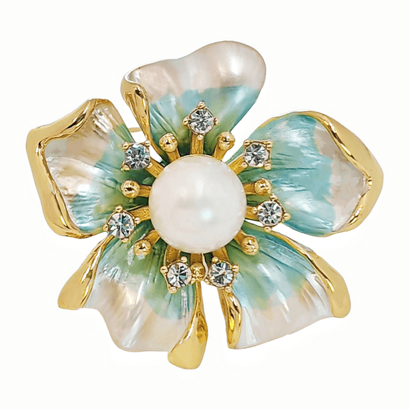 Vintage-Style Flower Blue, Crystal Pearl Rhinestone Brooch Pin, Gold