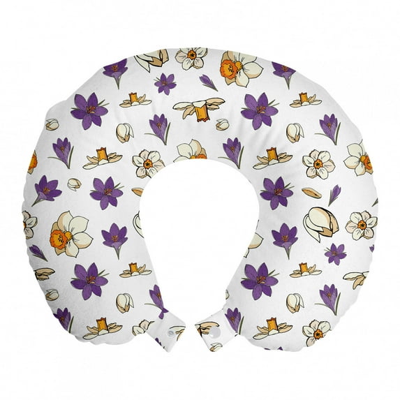 Floral Travel Pillow Neck Rest, Digitally Generated Flowers Crocuses and Narcissus Scattered, Memory Foam Traveling Accessory Airplane and Car, 12", Violet Orange, by Ambesonne