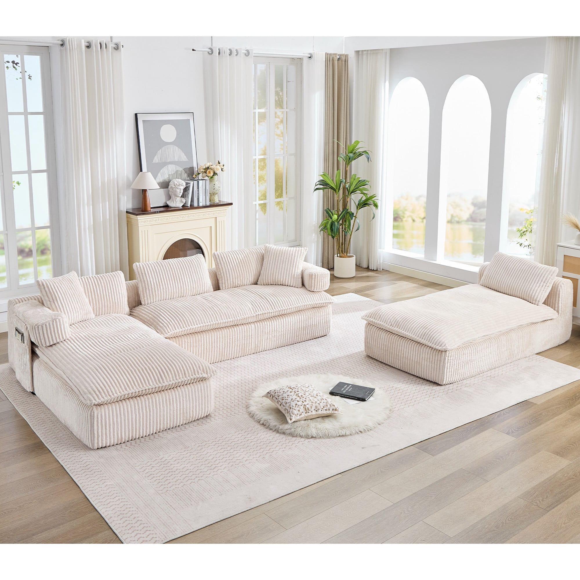 LLappuil Sectional Sofa, Oversized Sectional Couch Convertible Sofa Bed, 6 Seat Corduroy Sofa Couch with Side Pocket for Living Room, No Assembly Beige