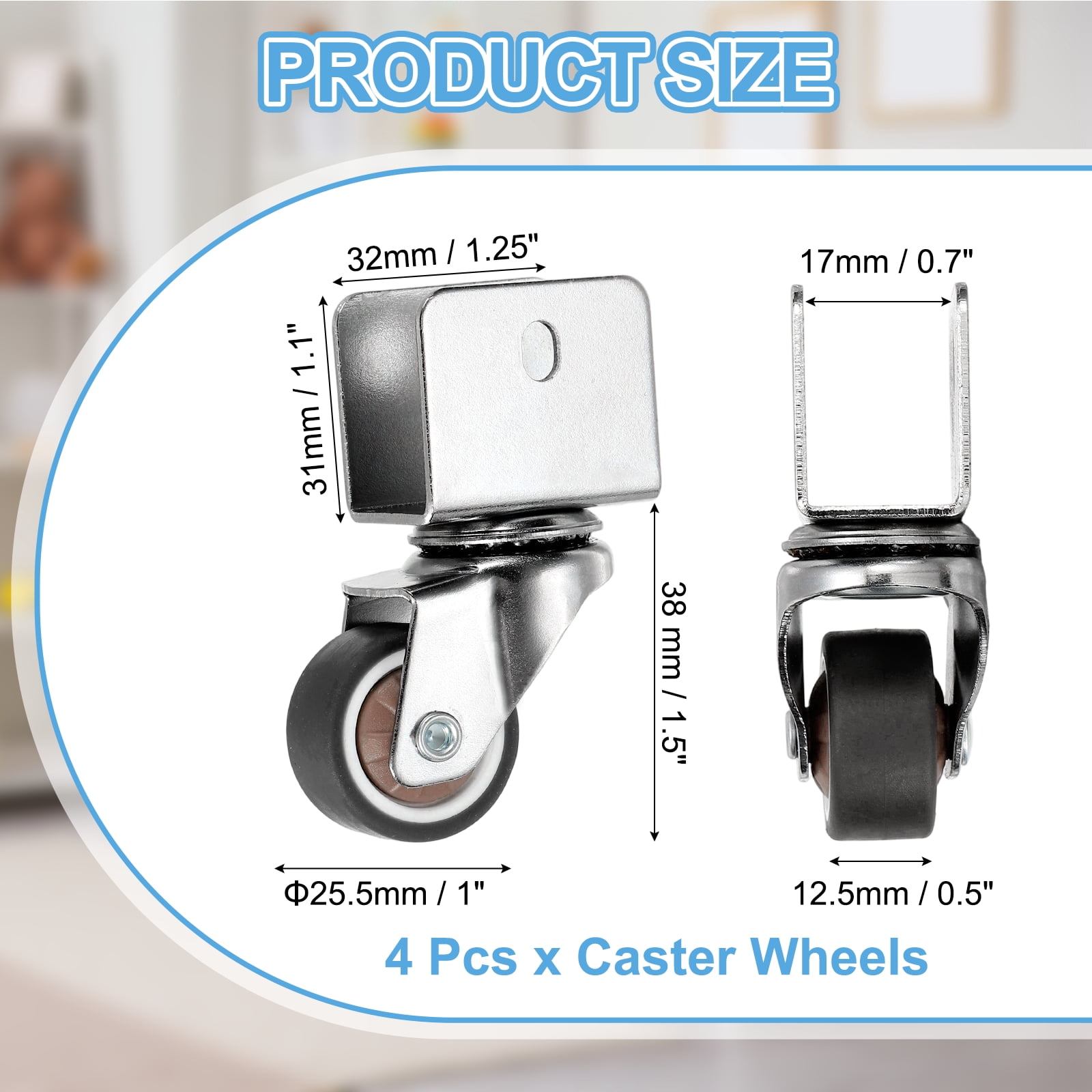 Uxcell Caster Wheels, Swivel Casters with U Bracket Opening Capacity Per Caster for Furniture Office Chairs Carts and Cabinets 1" with 0.7" U Bracket