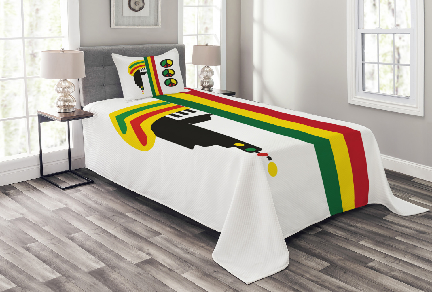 Jamaican Bedspread Set Twin Size, Abstract Minimalist Rastaman with