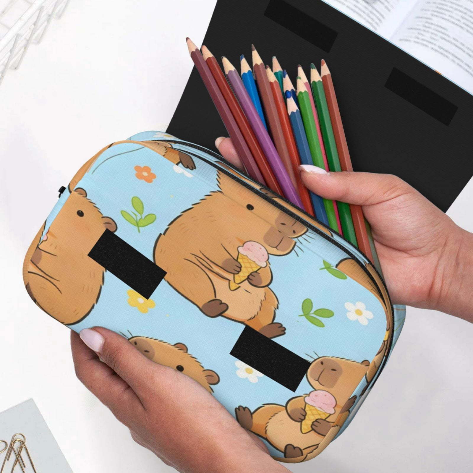 Large-Capacity Flip-Top Double-Layer Pencil Case, Multi-Functional Pocket Pen Case, Durable Stationery Organizer Cute Capybara Flower Balloon Blue Background