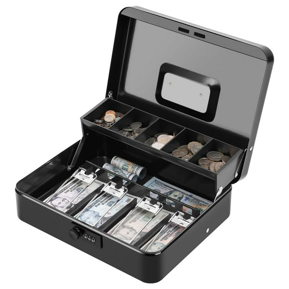 KYODOLED Grande Boîte à Argent avec Serrure à Combinaison, Boîte à Argent avec Plateau à Argent, Coffre-Fort avec Clé, Organisateur d'Économies d'Argent, 11.81lx 9.45Wx 3.54H Pouces, Noir TG Grande