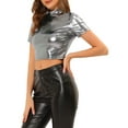 thumbnail image 4 of INSPIRE CHIC Women's Mock Neck Party Short Sleeve Metallic Crop Tops XS Silver Grey, 4 of 7