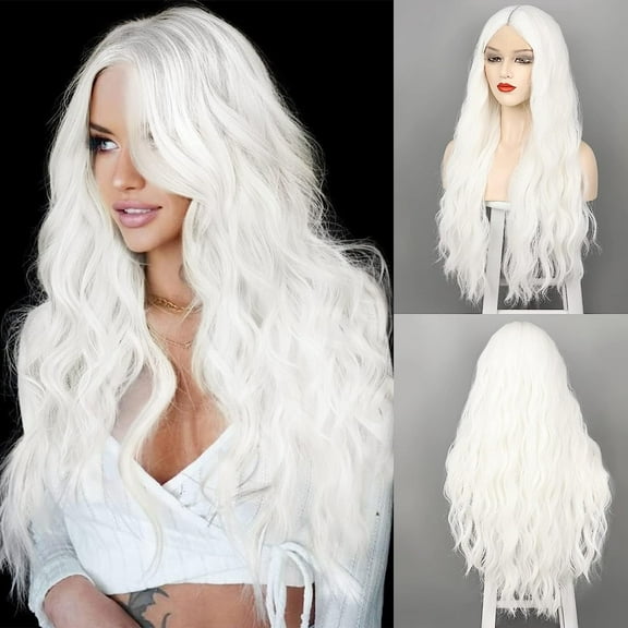 MORICA Long White Wigs for Women 28 Inches White Color Long Wavy Lace Wig Heat Synthetic Wig Middle Part Natural Looking Silky Lace Wavy Wig for Daily Use Wig