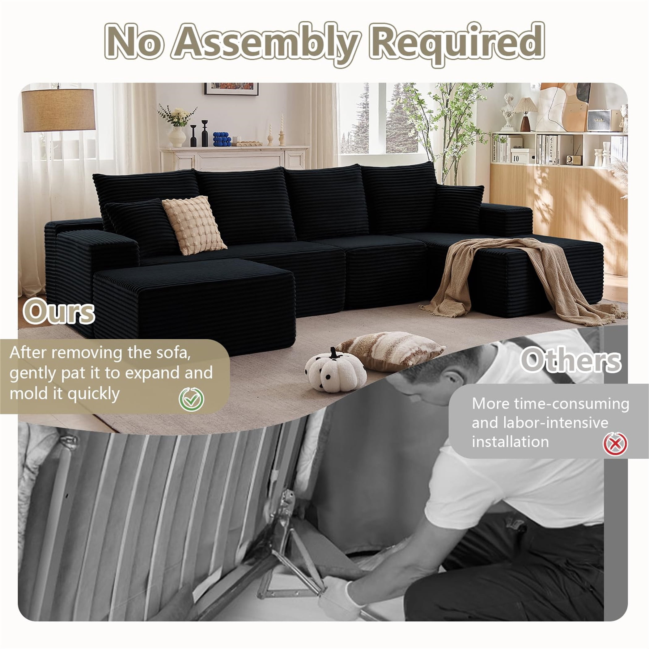 Aukfa 115" Cloud Sectional Sofa U Shape Modular Boneless Couch for Living Room, 2 Ottoman&Pillows, Corduroy, Black