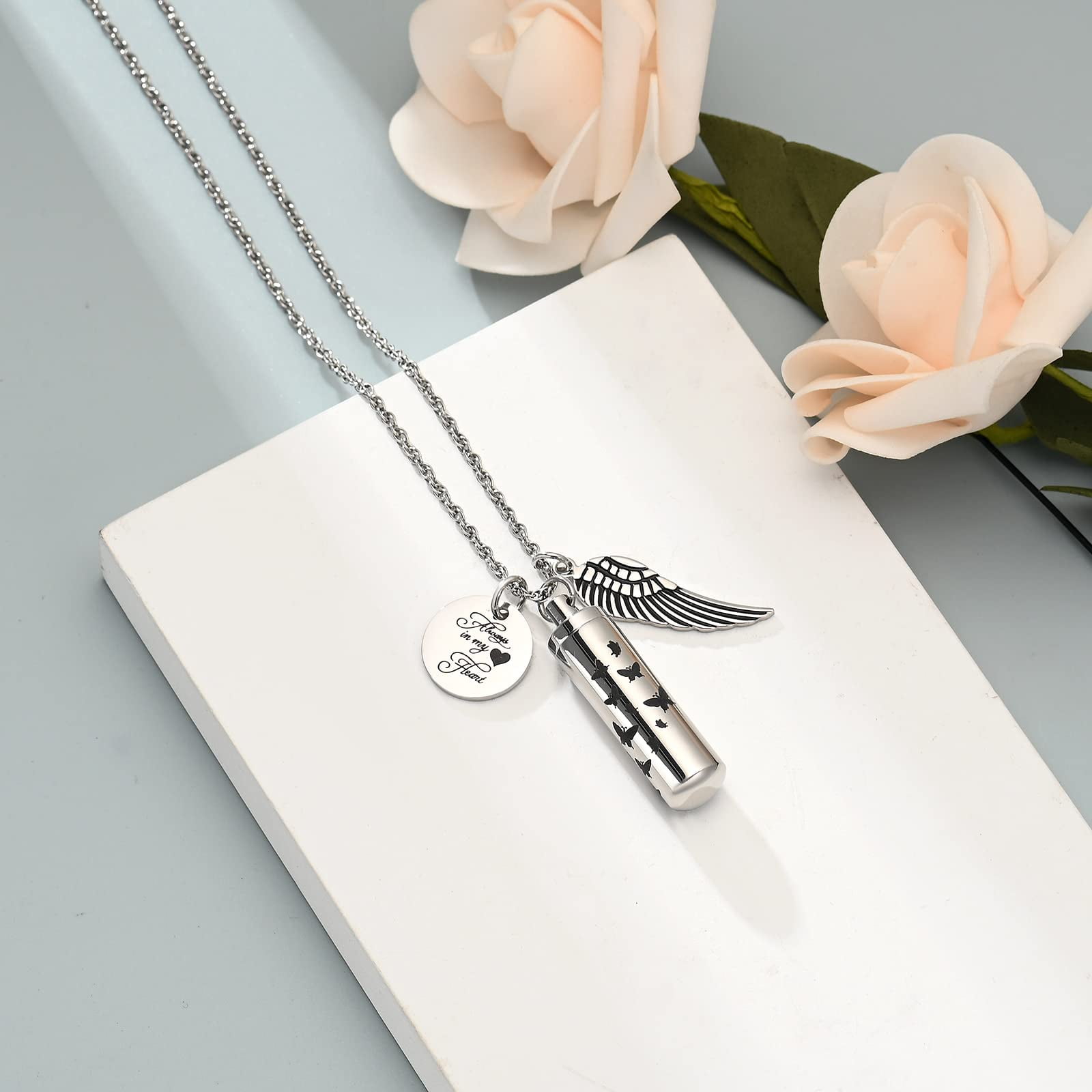 Personalize Cylinder Urn Ashes Necklace for Women Men Butterfly Cremation Jewelry Ash Loved One Memorial Angel Wing Pendant