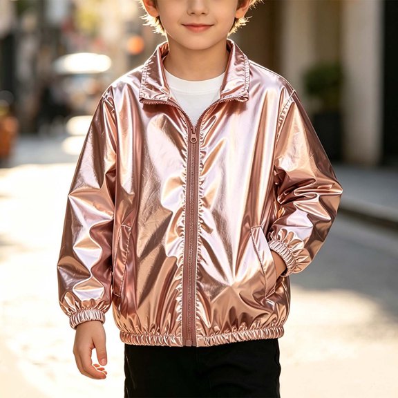 Mifsaly Girls Boys Shiny Jacket Lightweight Stand Collar Full Zip Casual Coats Kids Fall Spring Outdoor Outerwear with Pockets