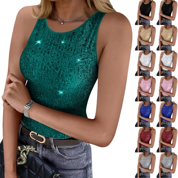 purcolt Womens Sparkly Sequin Tank Top Sleeveless Crewneck Slim Fit Crop Tops Shiny Glitter Going Out Tops for Cocktail Evening Party