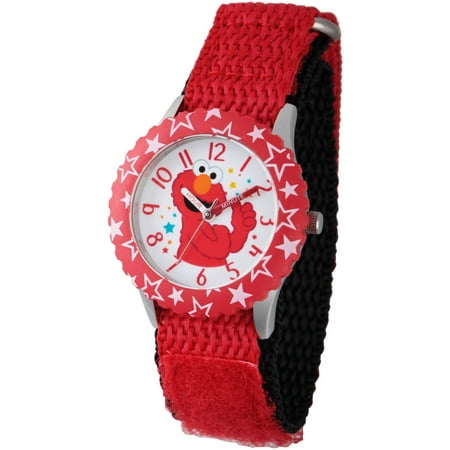 Sesame Street Elmo Stainless Steel Time Teacher Watch, Red Bezel, Red Hook and Loop Nylon Strap with Black Backing