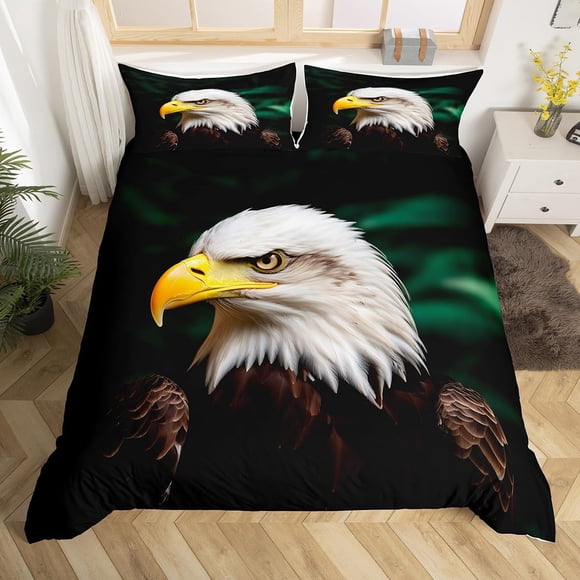 Feelyou Housse de Couette Aigle Ensemble Grand Lit Thème Oiseaux Ensemble de Literie Imprimé Animaux Décoratifs Housse de Couette avec 2 Taies d'Oreiller Microfibre Housse de Courtepointe Plume d'Aigle Fermeture Éclair 3 Pcs Magnifique